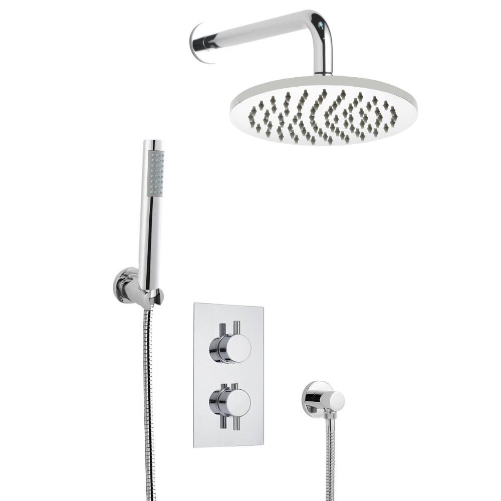 Conjunto de Ducha Termostático Redondo de 2 Funciones con Alcachofa, Brazo de Ducha y Ducha de Mano