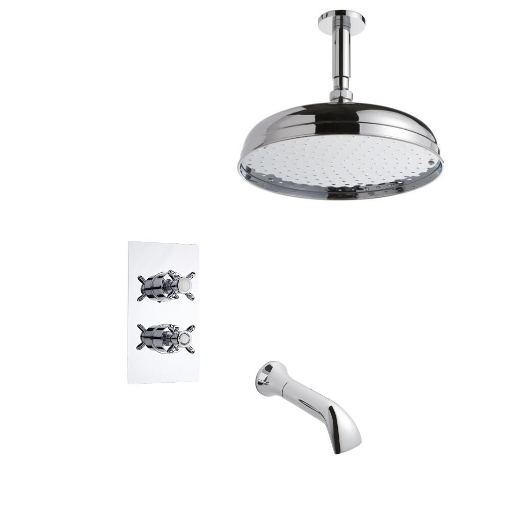 Conjunto de Ducha Termostático de 2 Funciones Tradicional con Alcachofa de Ducha de 300mm, Brazo de Ducha y Llenador de Bañera