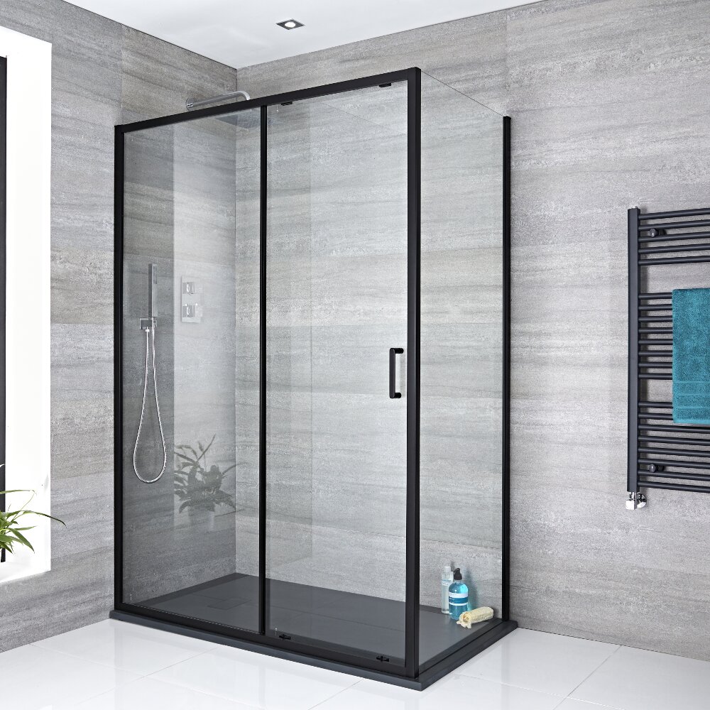 Mampara Completa con Puerta de Ducha Frontal Corredera 1700x1950mm, Pared de Ducha Lateral y Plato de Ducha – Nox