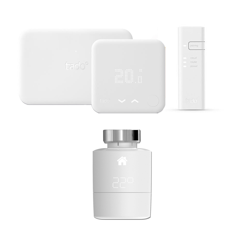 Kit de Inoicio (v3) con Termostato Inteligente, 2 Cabezales Termostáticos Horizontales y Kit de Extensión Tado°
