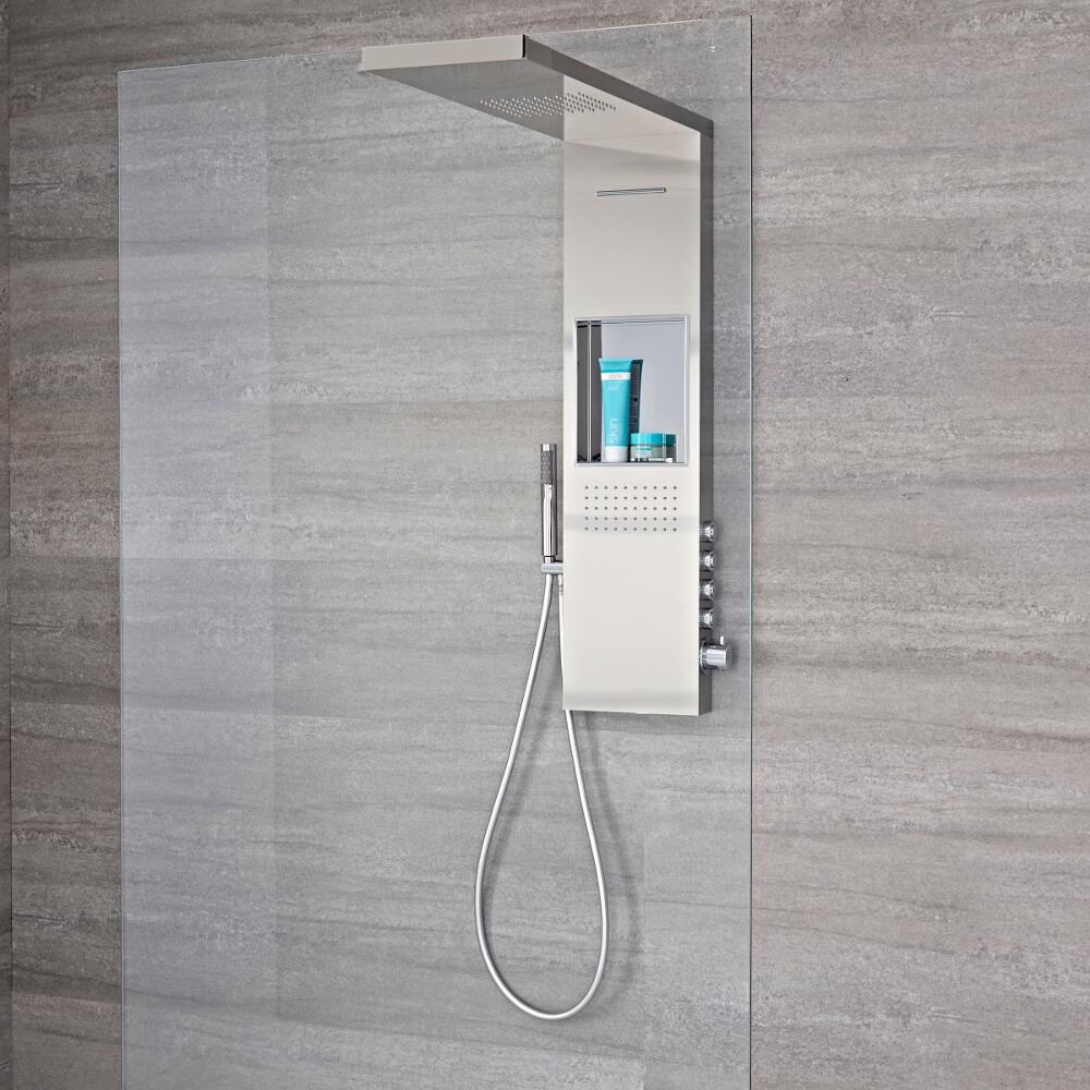Panel de Ducha Termostático de 4 Funciones con Alcachofa con Soporte para Mampara de Ducha y Repisa Integrada 1030x900x250mm