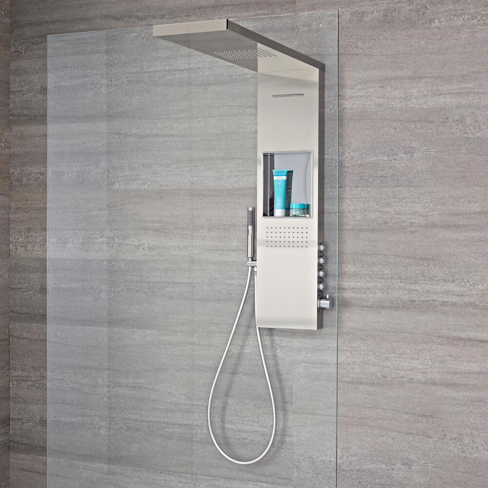 Panel de Ducha Termostático de 4 Funciones con Alcachofa con Soporte para Mampara de Ducha y Repisa Integrada 1030x1000x250mm