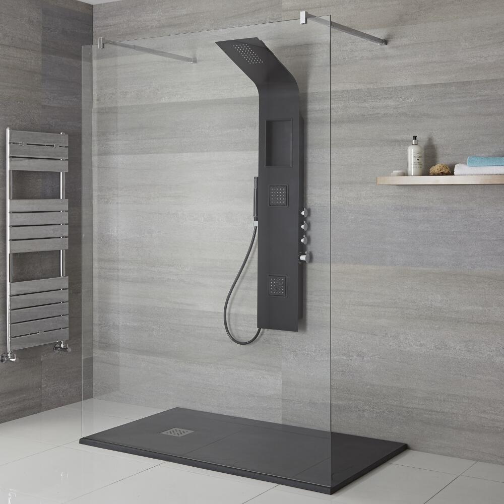 Panel de Ducha Termostático Negro de 3 Funciones 1450x245x495mm con Erogador Integrado, Repisa y Ducha de Mano con Flexo de Ducha - Stamford