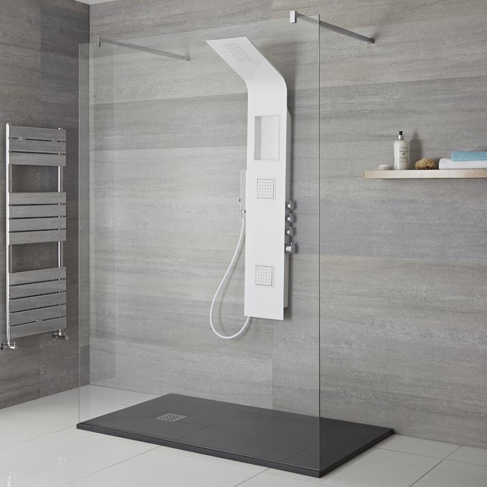 Panel de Ducha Termostático Blanco de 3 Funciones 1450x245x495mm con Erogador Integrado, Repisa y Ducha de Mano con Flexo de Ducha - Stamford