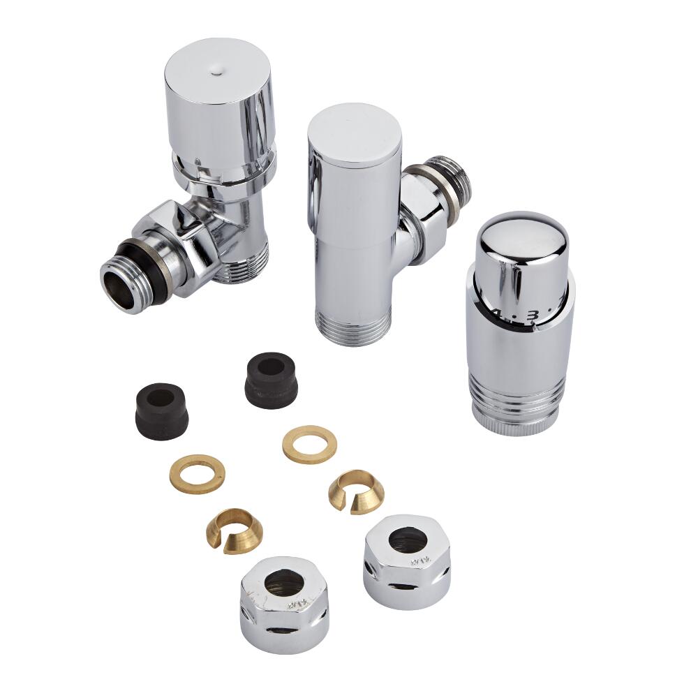 Par de Llaves Termostáticas Con Cabezal Cromado para Radiador y Toallero de 3/4” con Adaptadores para Tubos de Cobre de 12mm - Cobre 12mm