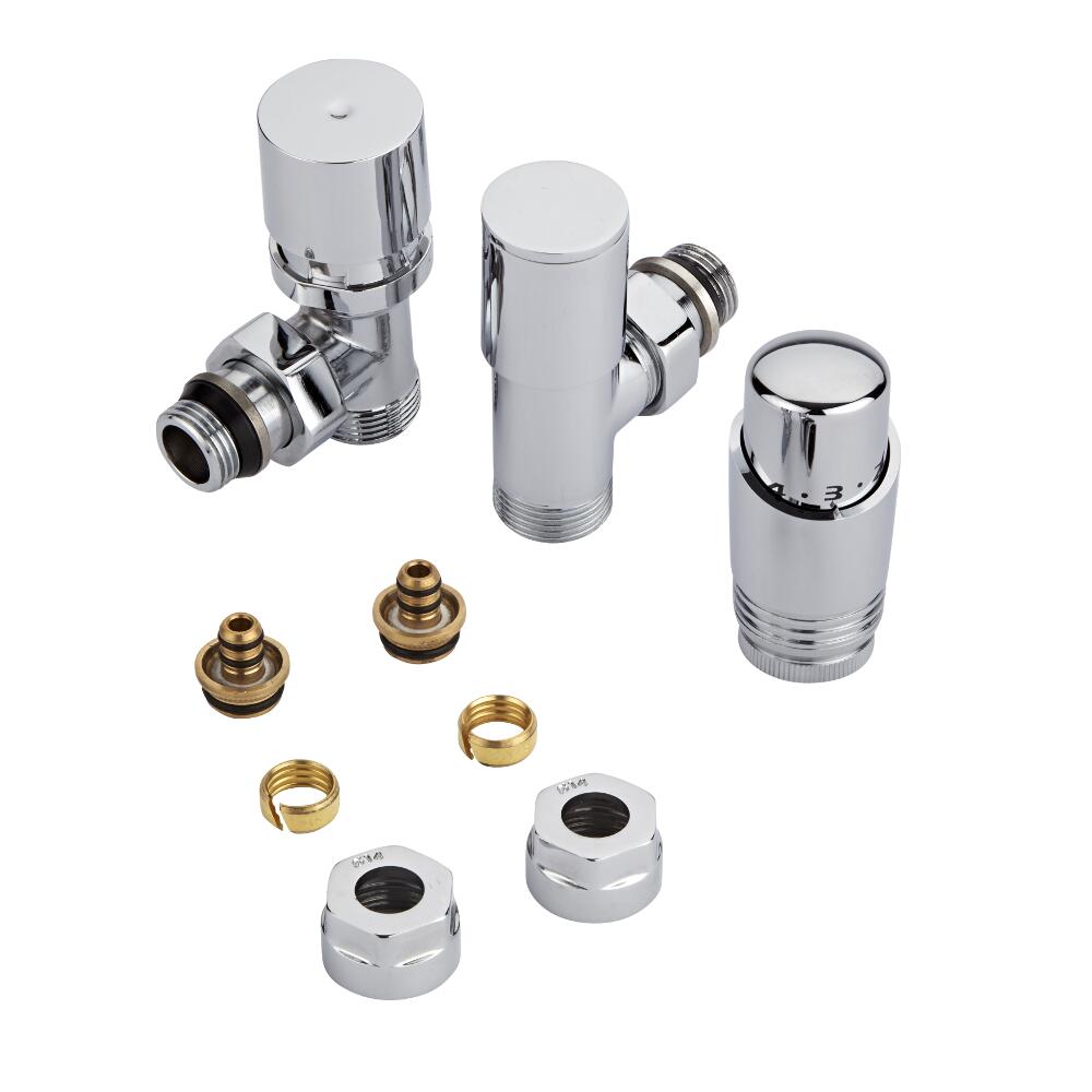 Par de Llaves Termostáticas con Cabezal Cromado para Radiador y Radiador Toallero Completo con Adaptadores para Tubos Pex o Multicapa de 14mm