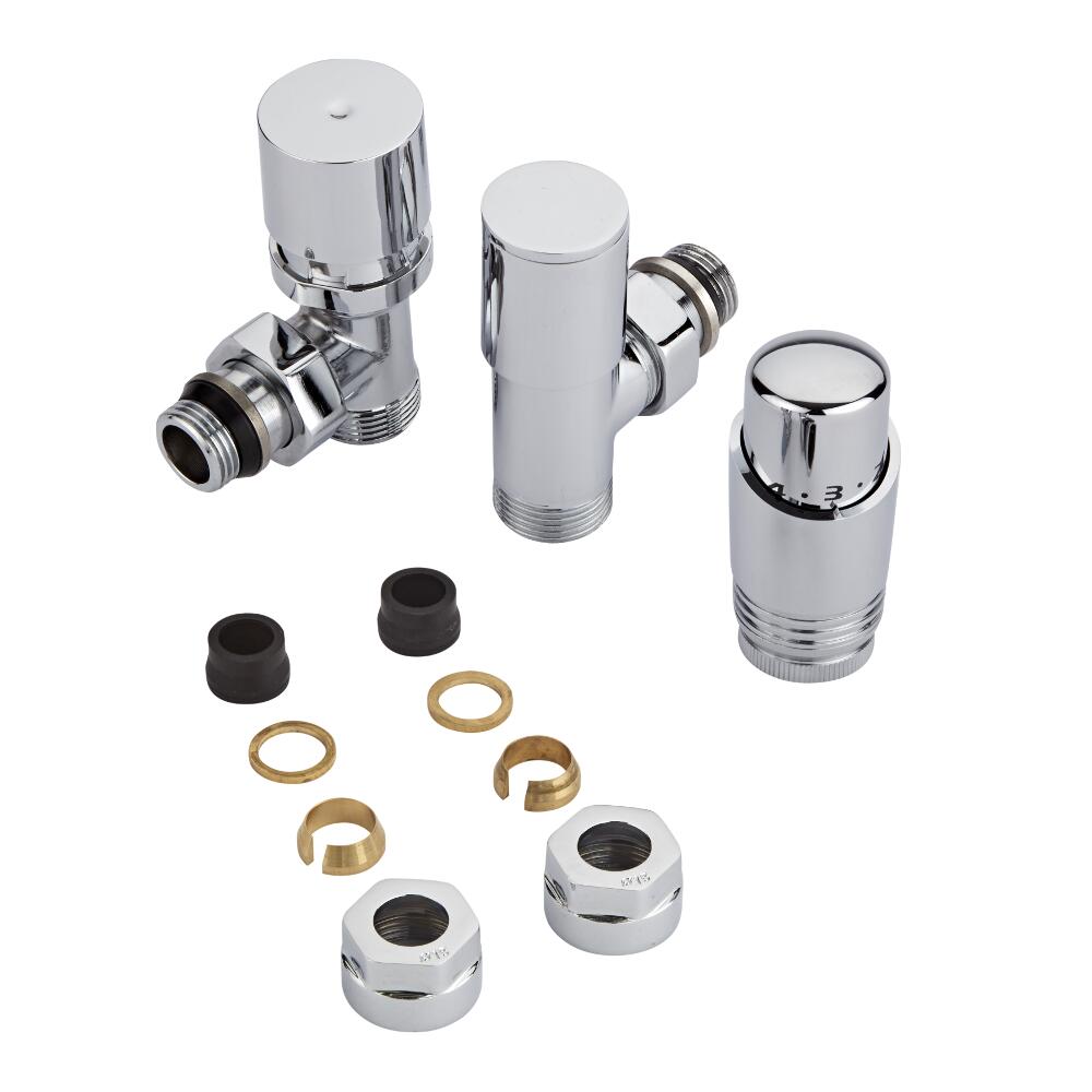 Par de Llaves Termostáticas Con Cabezal Cromado para Radiador y Toallero de 3/4” con Adaptadores para Tubos de Cobre de 15mm