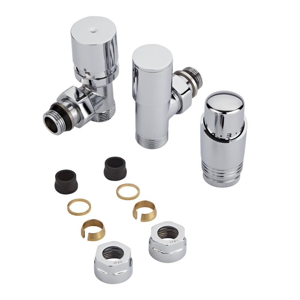Par de Llaves Termostáticas Con Cabezal Cromado para Radiador y Toallero de 3/4” con Adaptadores para Tubos de Cobre de 16mm