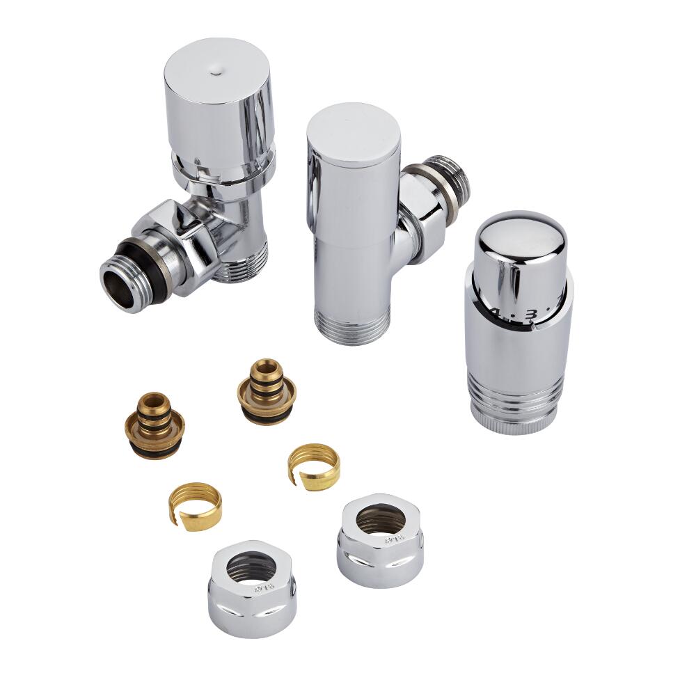 Par de Llaves Termostáticas Con Cabezal Cromado para Radiador y Toallero de ¾” con Adaptadores para Tubos Pex o Multicapa de 16mm