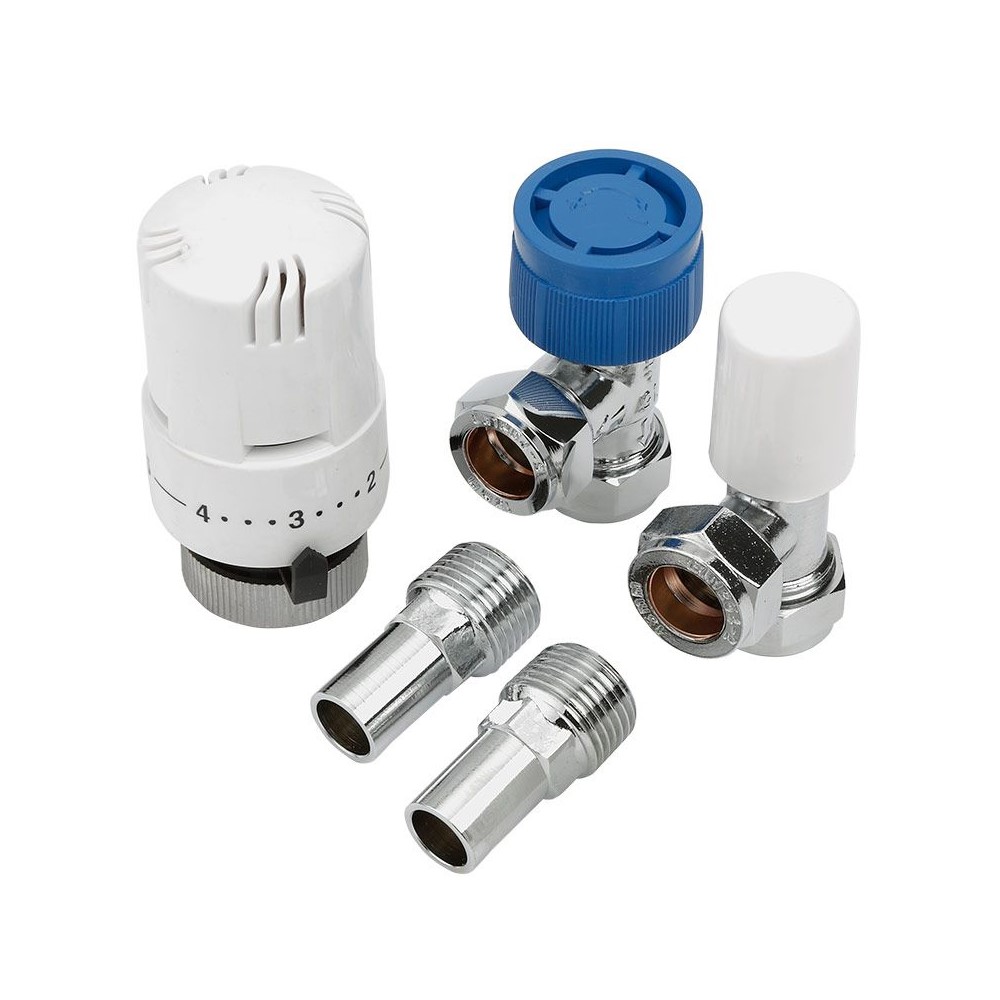 Llaves Angulares Termostáticas con Acabado Cromado para Radiadores y Toalleros con Cabezal Termostático Blanco para Tubos de Cobre de 15mm
