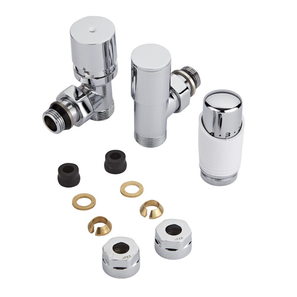 Par de Llaves Termostáticas Con Cabezal Blanco para Radiador y Toallero de 3/4” con Adaptadores para Tubos de Cobre de 12mm