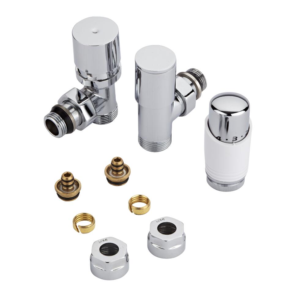 Par de Llaves Termostáticas Con Cabezal Blanco para Radiador y Toallero de ¾″ con Adaptadores para Tubos Pex o Multicapa de 14mm