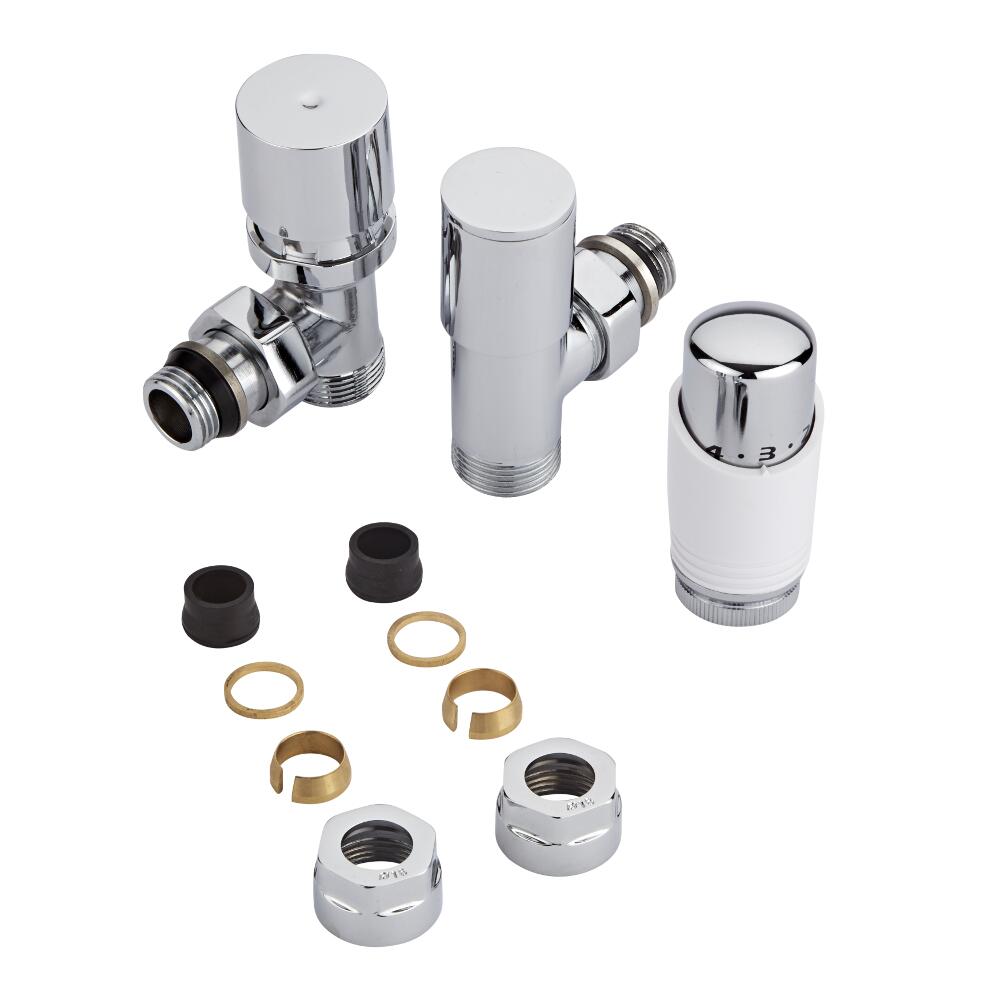 Par de Llaves Termostáticas Con Cabezal Blanco para Radiador y Toallero de 3/4” con Adaptadores para Tubos de Cobre de 16mm