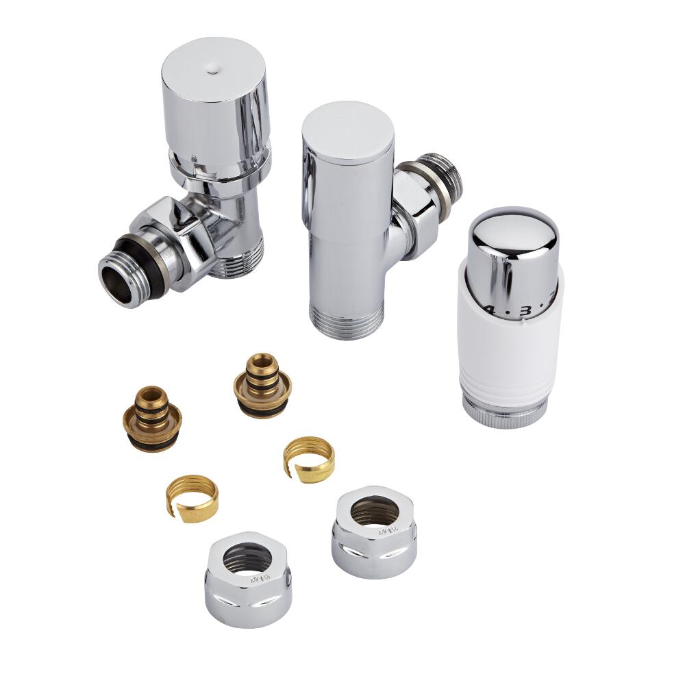 Par de Llaves Termostáticas Con Cabezal Blanco para Radiador y Toallero de 3/4" con Adaptadores paraTubos Pex o Multicapa de 16mm