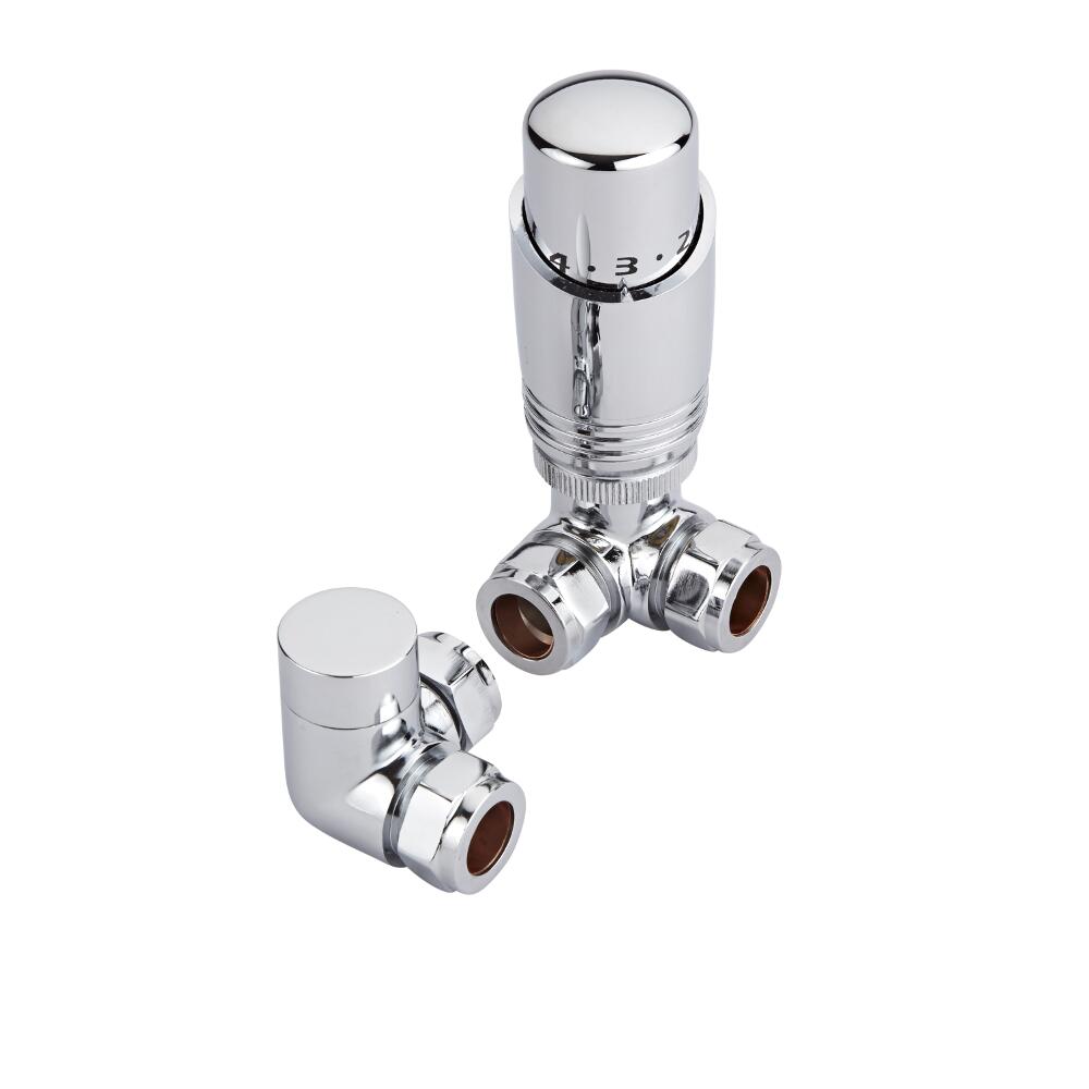 Par de Llaves Angulares Cromadas de Esquina para Radiador con Cabezal Termostático Cromado para Tubos de Cobre de 15mm