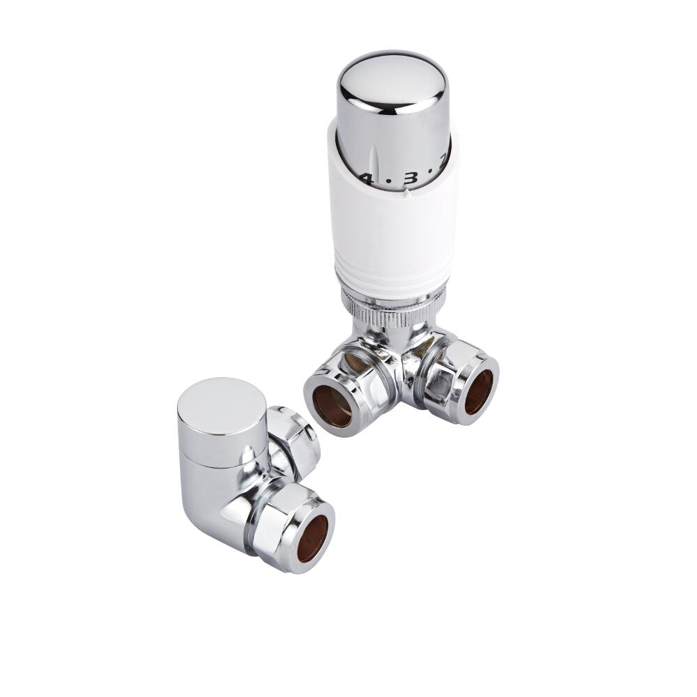 Par de Llaves Angulares Cromadas de Esquina para Radiador con Cabezal Termostático Cromado y Blanco para Tubos de Cobre de 15mm