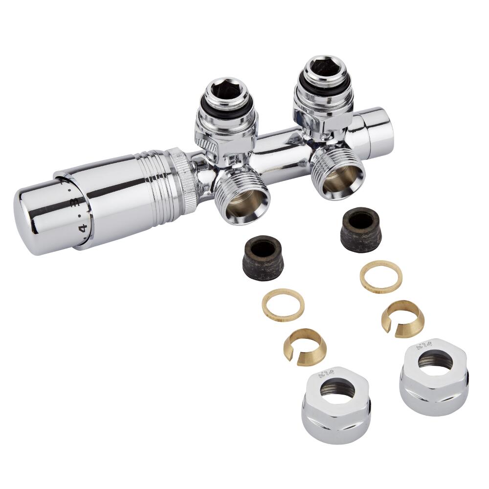 Llaves Angulares Cromadas para Radiador y Toallero de 3/4” con Cabezal Termostático Cromado y Adaptadores para Tubos de Cobre 14mm - Multiblock H