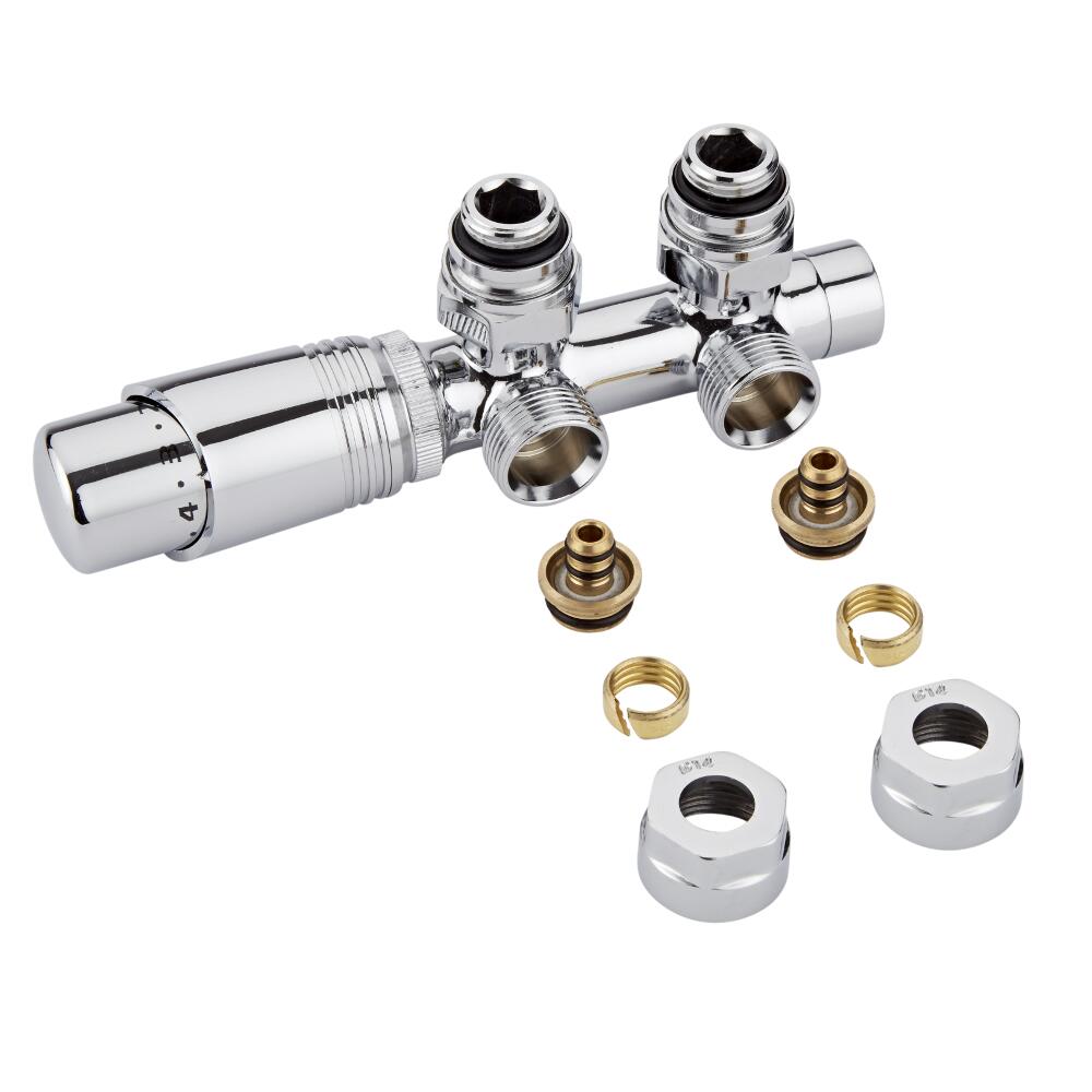 Llaves Angulares Cromadas para Radiador y Toallero de 3/4” con Cabezal Termostático Cromado y Adaptadores para Tubos Pex o Multicapa de 14mm - Multiblock H