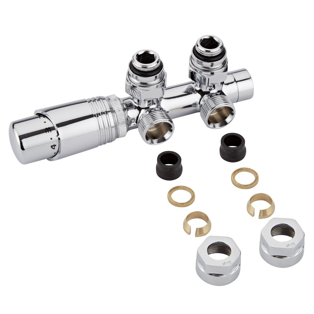 Llaves Angulares Cromadas para Radiador y Toallero de Conexión Central con Cabezal Termostático Cromado y Adaptadores para Tubos de Cobre 15mm - Multiblock H
