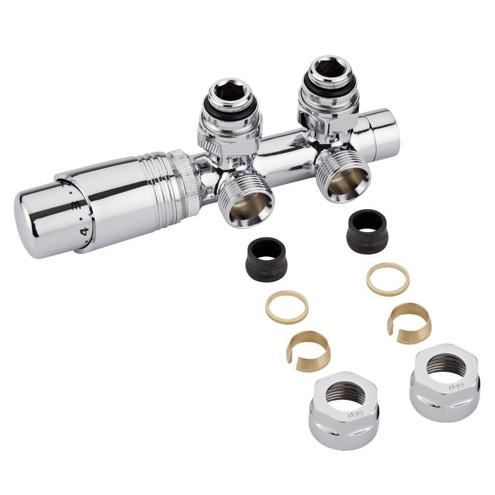 Llaves Angulares Cromadas para Radiador y Toallero de 3/4” con Cabezal Termostático Cromado y Adaptadores para Tubos de Cobre 16mm - Multiblock H