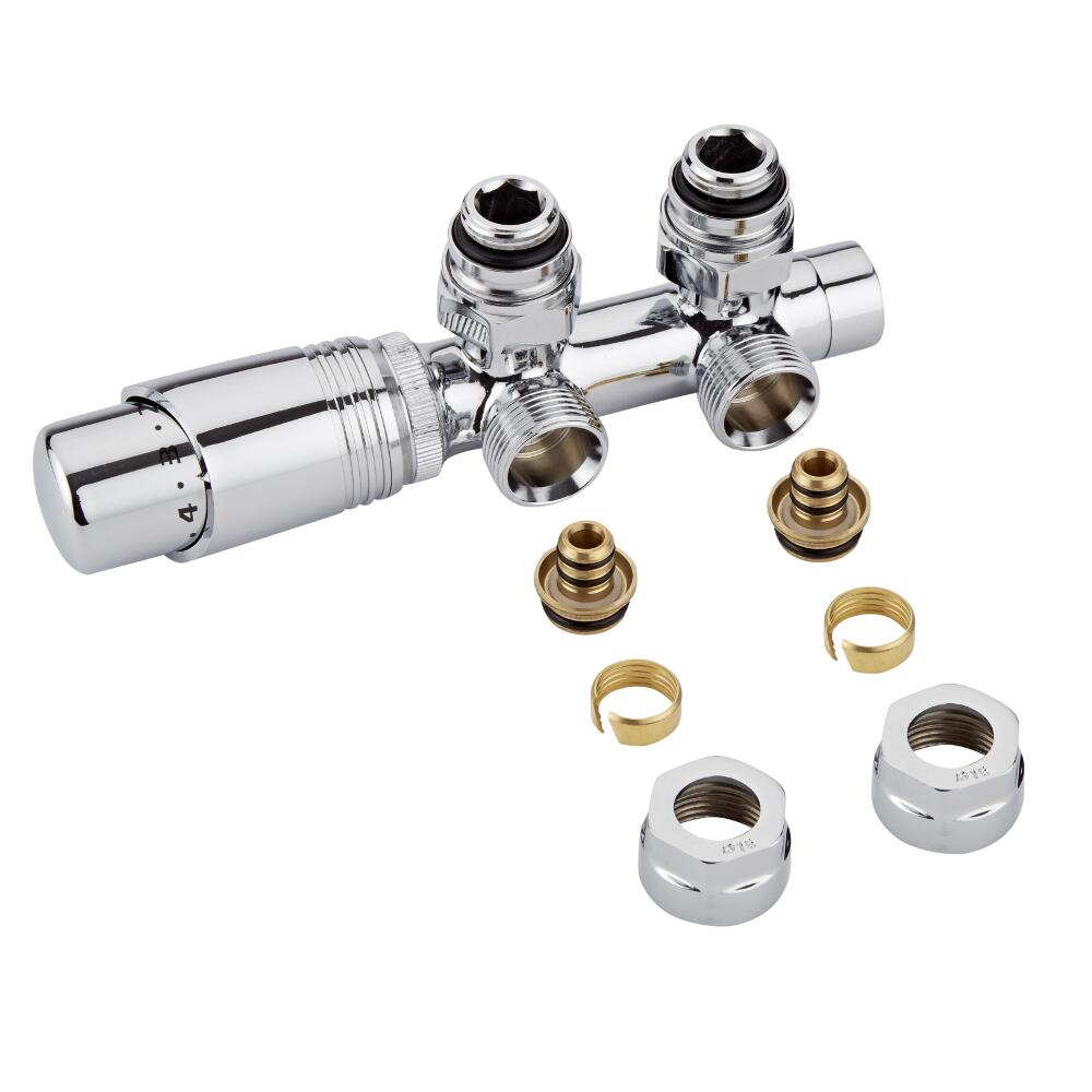 Llaves Angulares Cromadas para Radiador y Toallero de 3/4” con Cabezal Termostático Cromado y Adaptadores para Tubos Pex o Multicapa de 16mm - Multiblock H