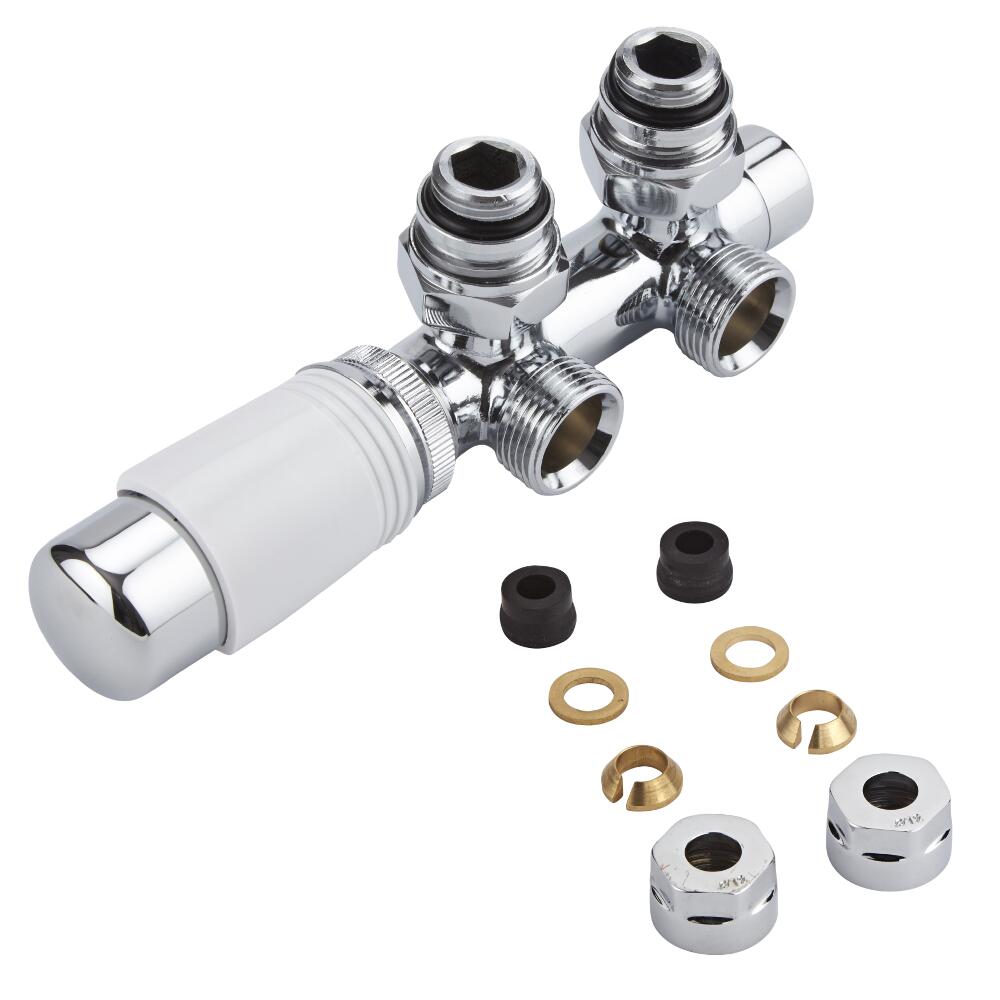 Llaves Angulares Cromadas para Radiador y Radiador Toallero con Conexión Central Completas con Cabezal Termostático Cromado y Blanco y Adaptadores para Tubos de Cobre 12mm - Multiblock H