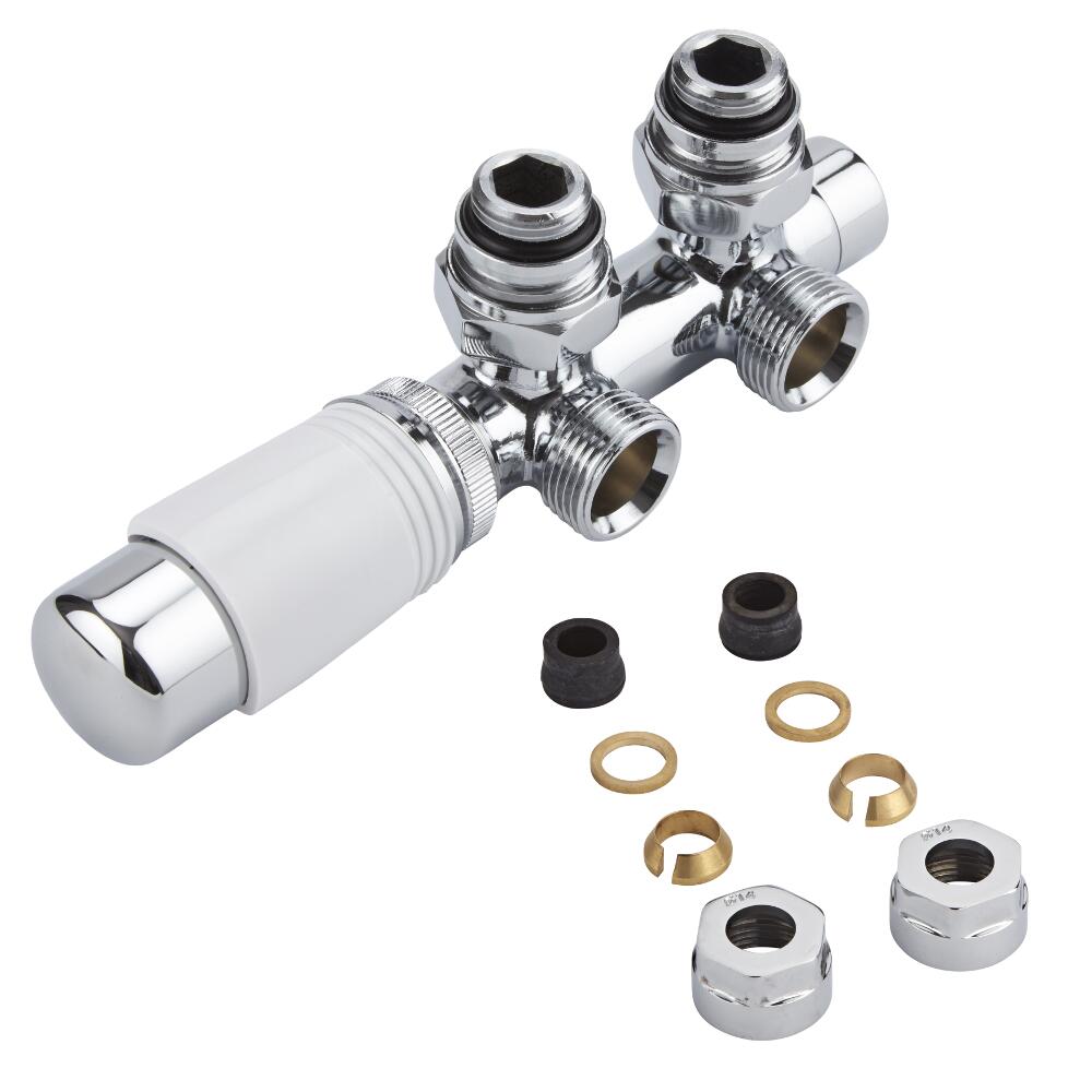 Llaves Angulares Cromadas para Radiador y Toallero de 3/4” con Cabezal Termostático Cromado y Blanco y Adaptadores para Tubos de Cobre 14mm - Multiblock H