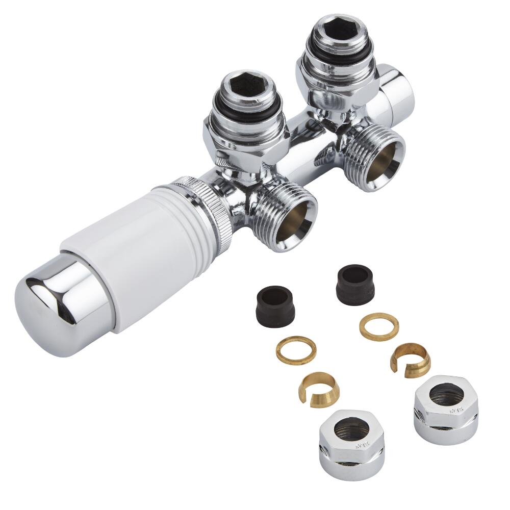 Llaves Angulares Cromadas para Radiador y Toallero de 3/4” con Cabezal Termostático Cromado y Blanco y Adaptadores para Tubos de Cobre 15mm - Multiblock H