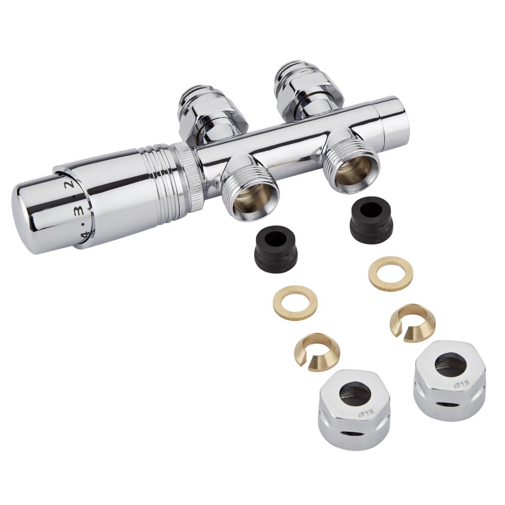 Llaves Rectas Cromadas para Radiador y Toallero de 3/4” con Cabezal Termostático Cromado y Adaptadores para Tubos de Cobre 12mm - Multiblock H