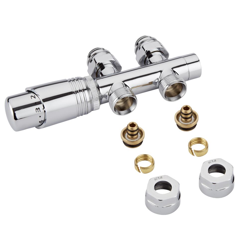 Llaves Rectas Cromadas para Radiador y Toallero de 3/4” con Cabezal Termostático Cromado y Multi Adaptador para Tubos Pex o Multicapa de 14mm - Multiblock H
