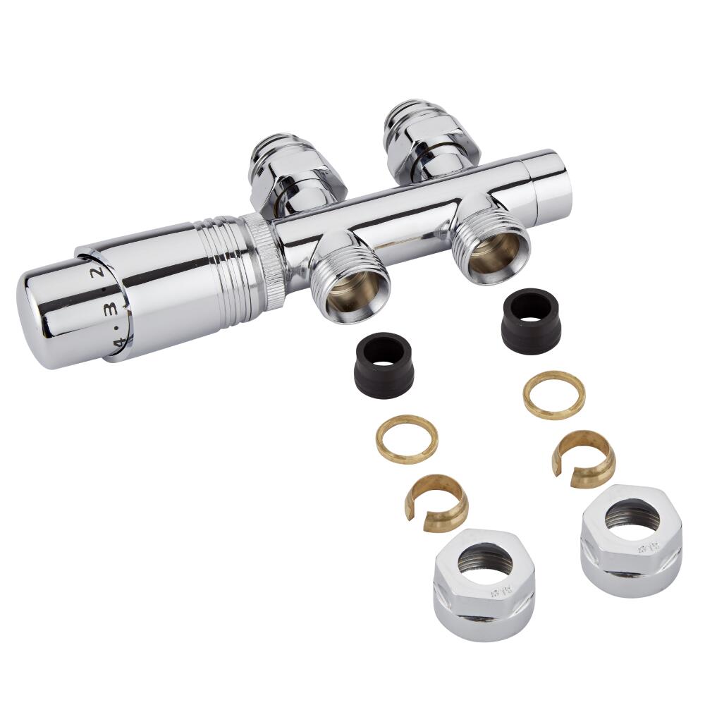 Llaves Rectas Cromadas para Radiador y Toallero de 3/4” con Cabezal Termostático Cromado y Adaptadores para Tubos de Cobre 15mm - Multiblock H