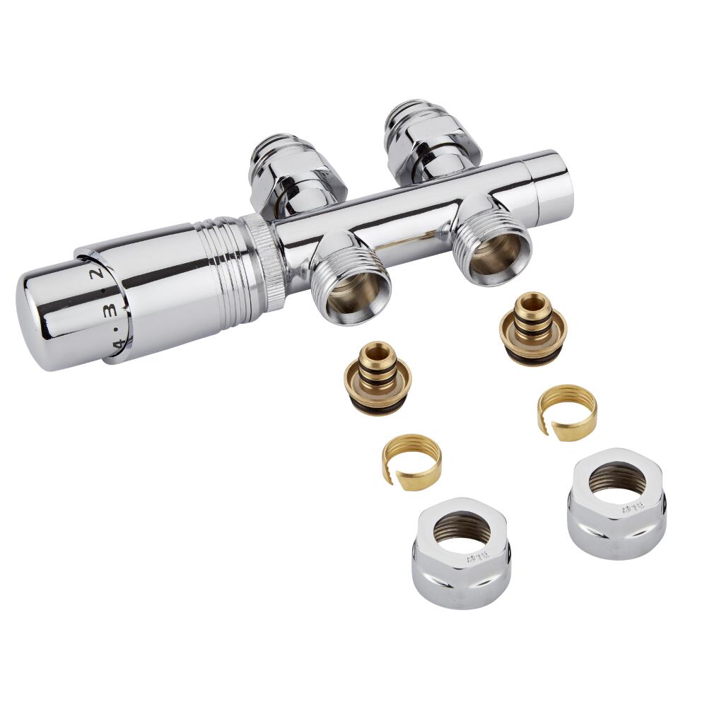 Llaves Rectas Cromadas para Radiador y Toallero de 3/4” con Cabezal Termostático Cromado y Multi Adaptador para Tubos Multicapa y Pex de 16mm - Multiblock H