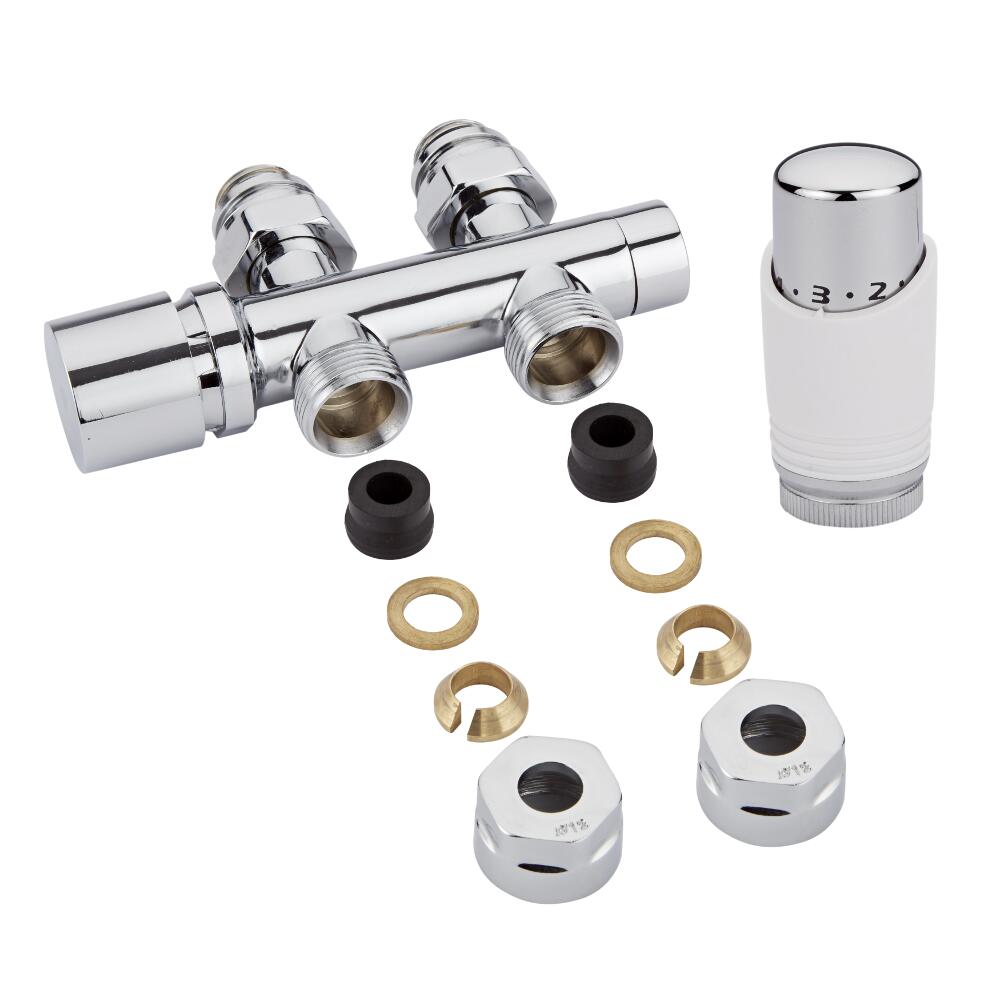 Llaves Rectas Cromadas para Radiador y Toallero de 3/4” con Cabezal Termostático Blanco con Cromo y Adaptadores para Tubos de Cobre 12mm - Multiblock H