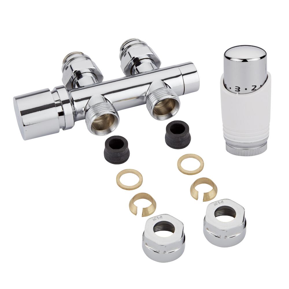 Llaves Rectas Cromadas para Radiador y Toallero de 3/4” con Cabezal Termostático Blanco con Cromo y Adaptadores para Tubos de Cobre 14mm - Multiblock H