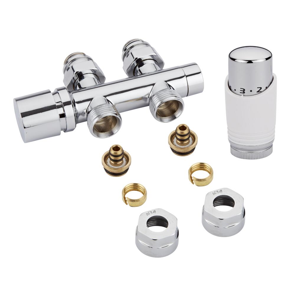 Llaves Rectas Cromadas para Radiador y Toallero de 3/4” con Cabezal Termostático Blanco y Cromado y Multi Adaptador para Tubos Pex o Multicapa de 14mm - Multiblock H