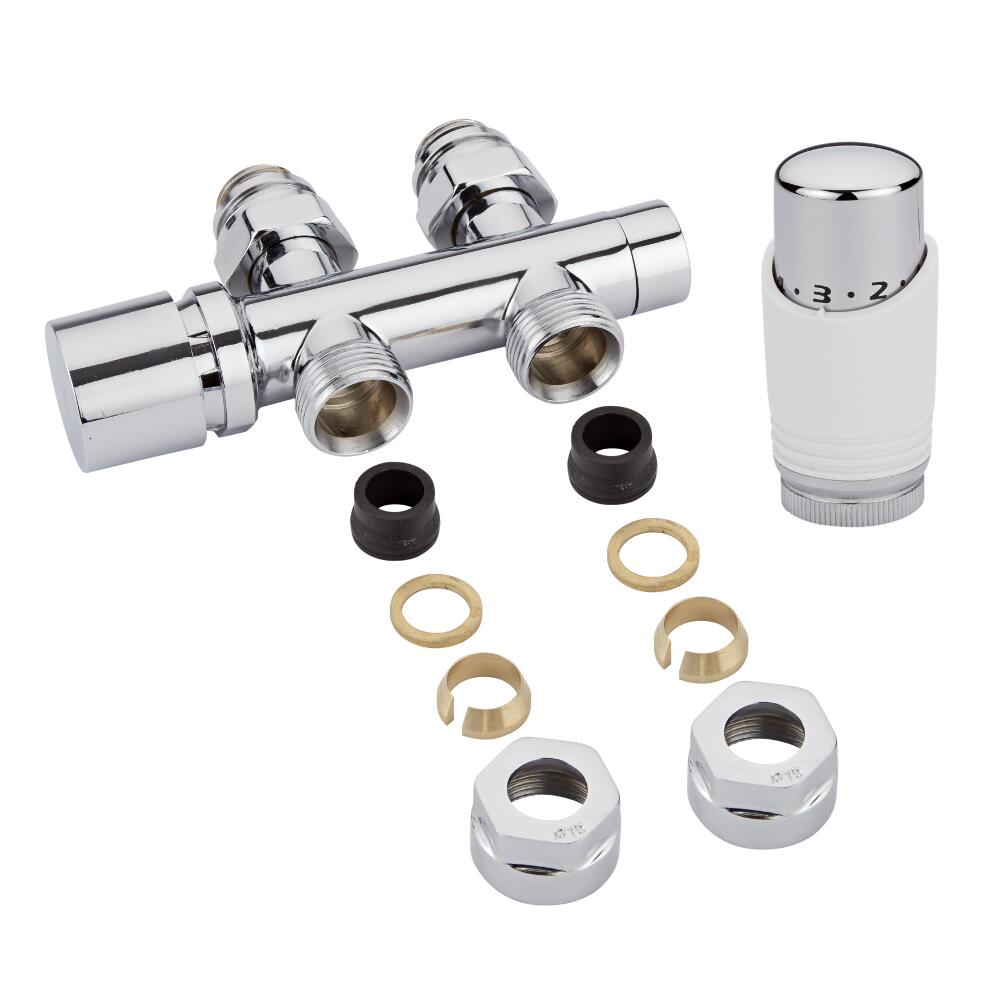 Llaves Rectas Cromadas para Radiador y Toallero de 3/4” con Cabezal Termostático Blanco con Cromo y Adaptadores para Tubos de Cobre 15mm - Multiblock H