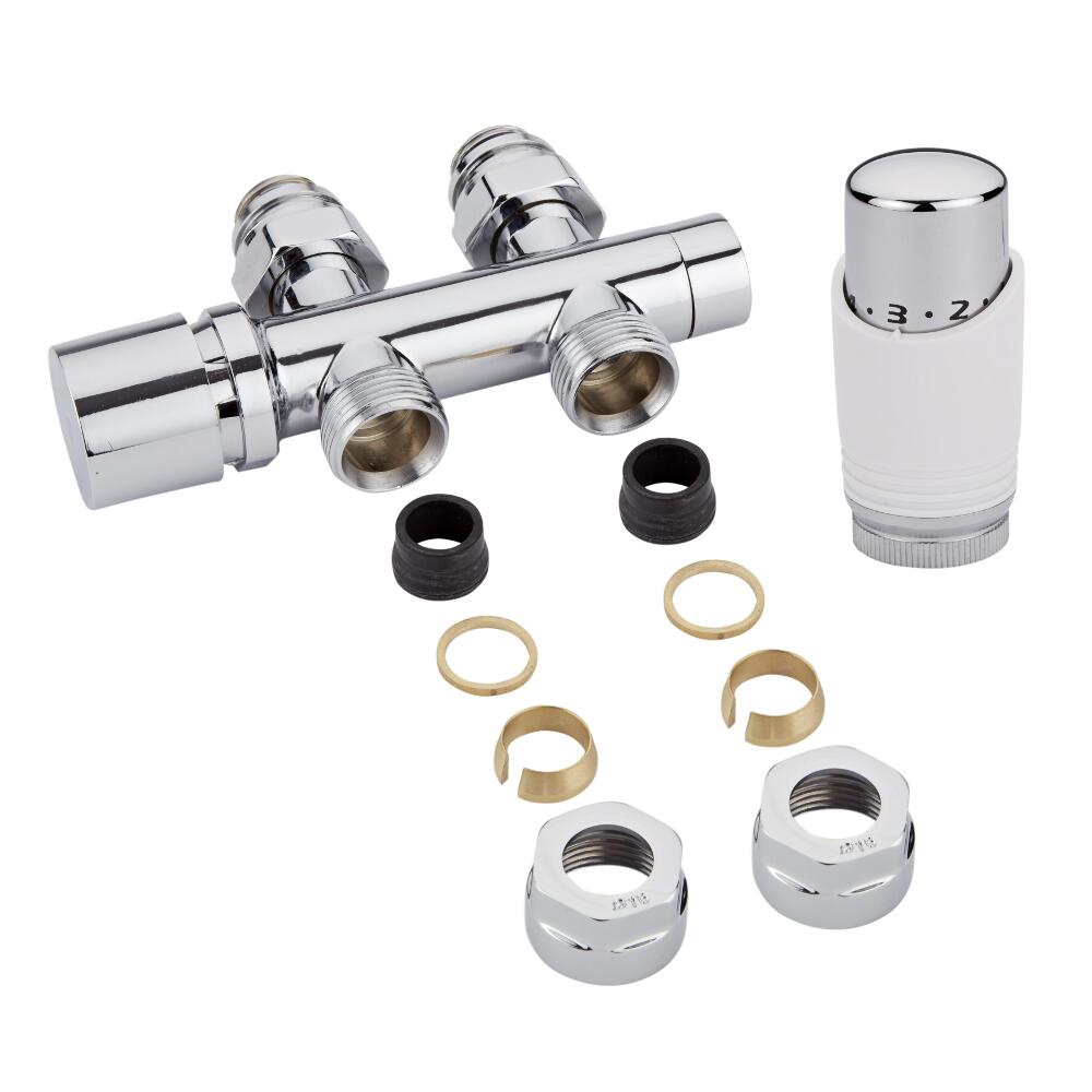 Llaves Rectas Cromadas para Radiador y Toallero de 3/4” con Cabezal Termostático Blanco con Cromo y Adaptadores para Tubos de Cobre 16mm - Multiblock H