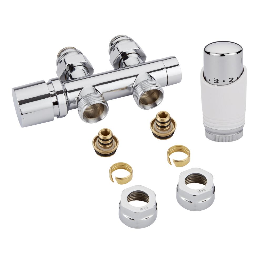 Llaves Rectas Cromadas para Radiador y Toallero de 3/4” con Cabezal Termostático Blanco y Cromado y Multi Adaptador para Tubos Multicapa o Pex de 16mm - Multiblock H