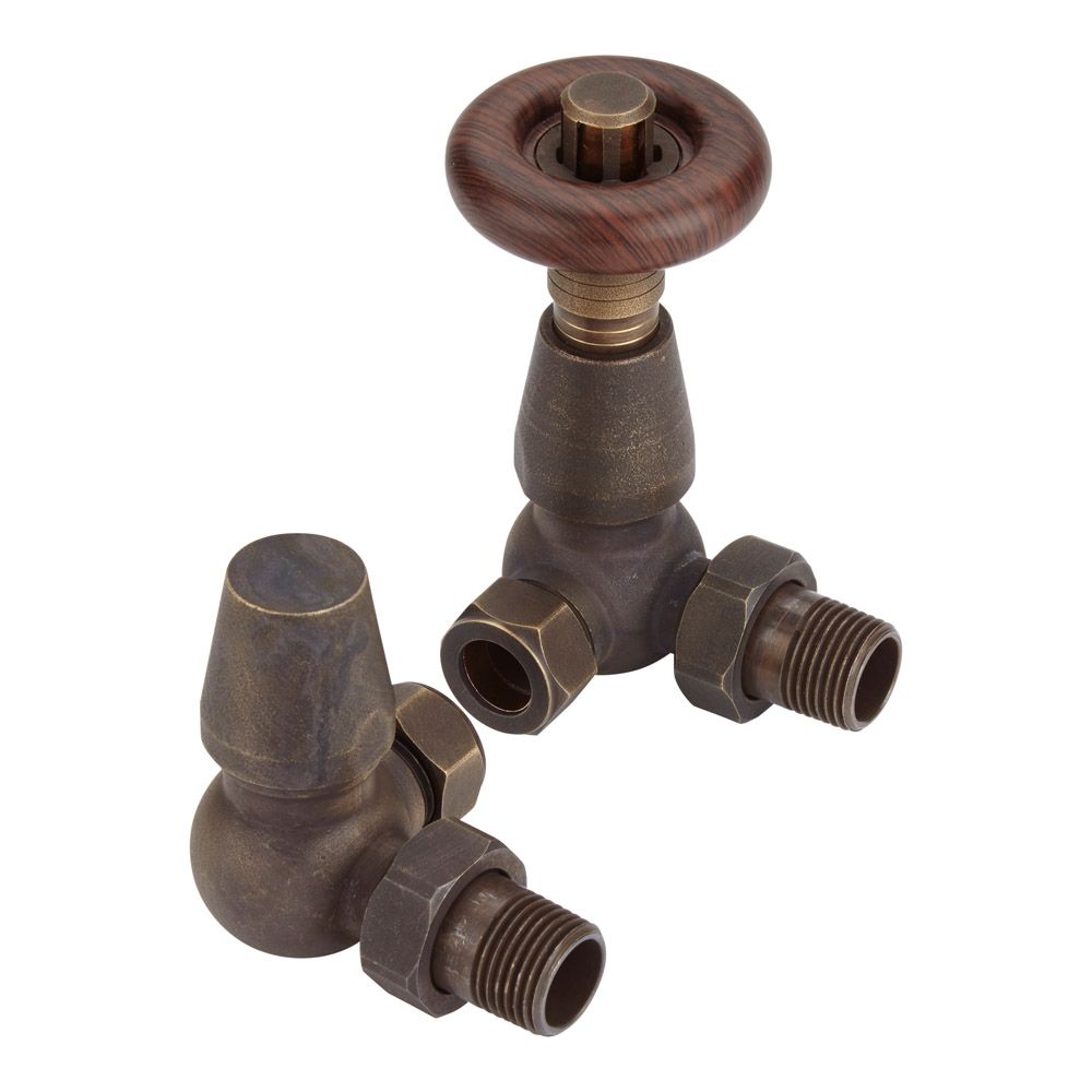 Par de Llaves Angulares Termostáticas de Esquina para Radiadores y Toalleros con Acabado de Color Latón para Tubos de Cobre de 15mm - Oxford