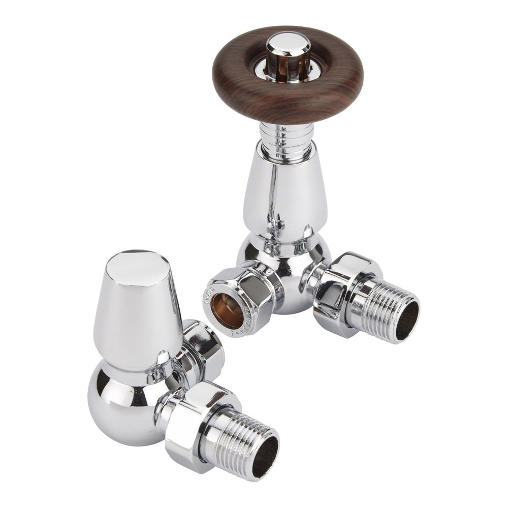 Par de Llaves Tradicionales Termostáticas Angulares de Esquina con Manija Efecto Madera para Radiador y Radiador Toallero Para Tubos de Cobre de 15mm