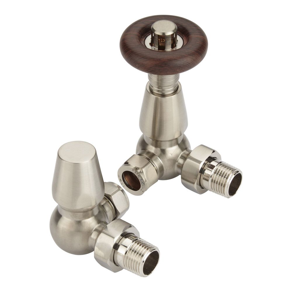 Par de Llaves Tradicionales Termostáticas Angulares de Esquina Satinadas con Manija Efecto Madera para Radiador y Radiador Toallero Para Tubos de Cobre de 15mm