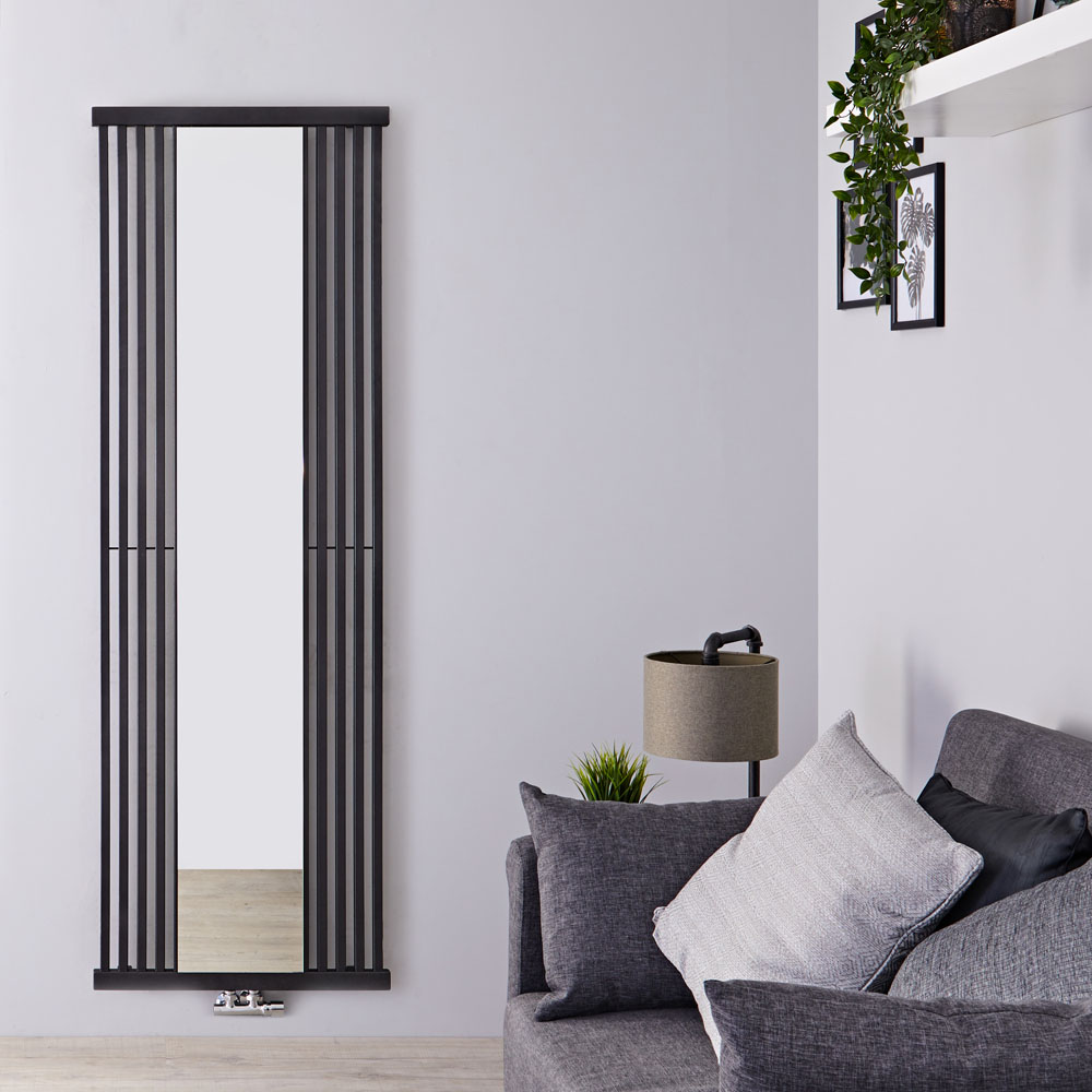 Radiador de Diseño Vertical Con Conexión Central - Con Espejo - Negro - 1700mm x 640mm x 60mm - 1172 Vatios - Lublin