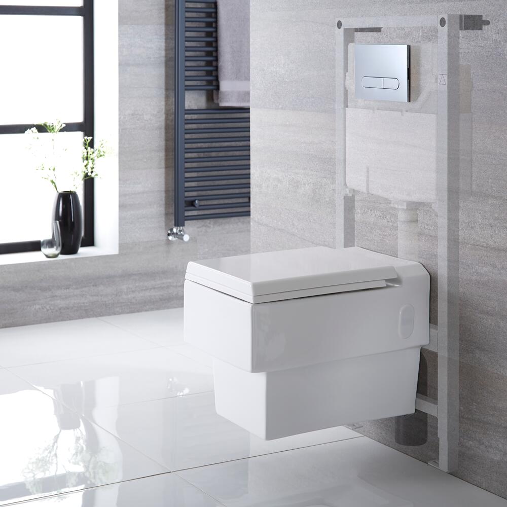 Inodoro Cuadradol Suspendido 410x340x440mm Completo con Tapa Soft Close, Estructura Empotrable, Cisterna y Placa de Descarga – Haldon