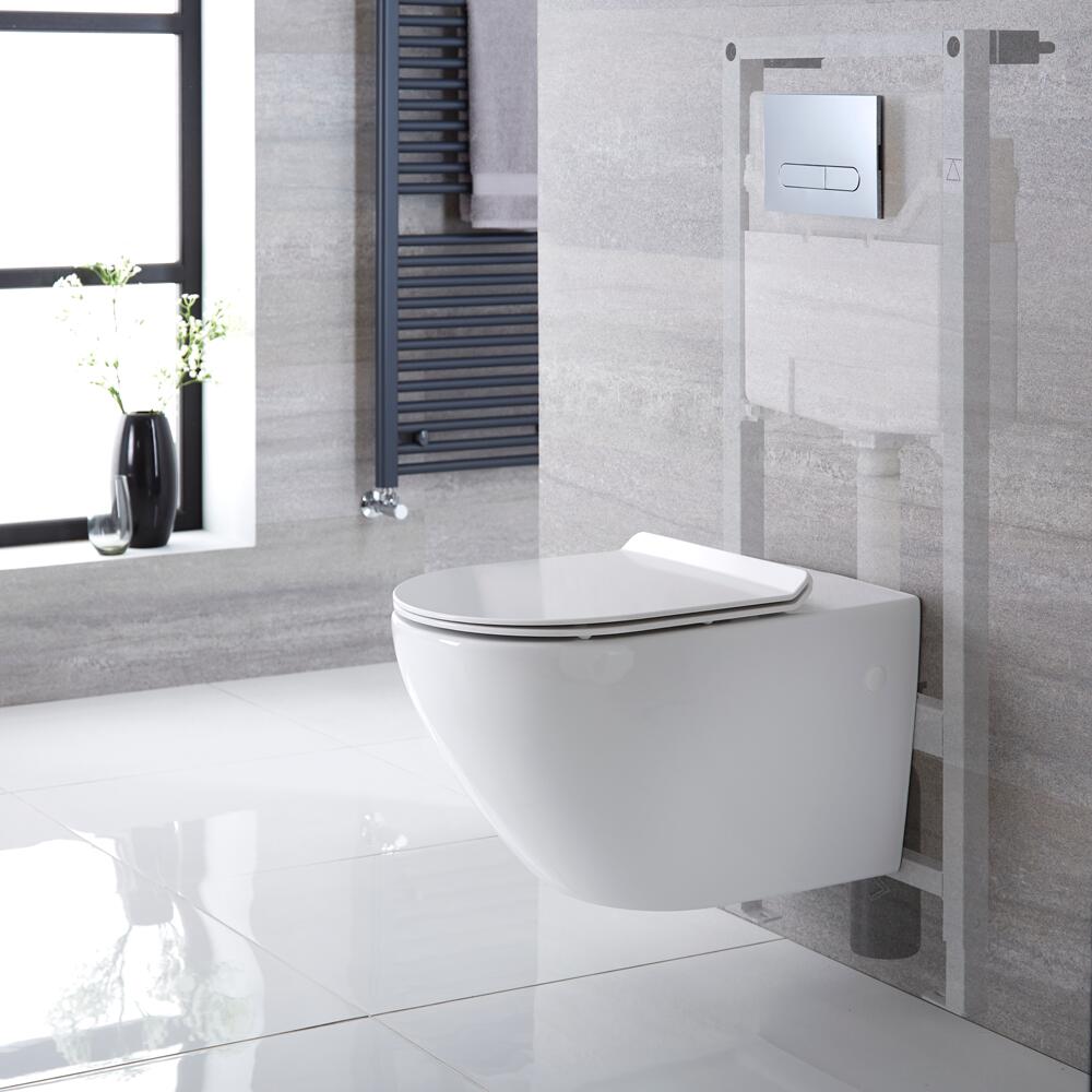 Inodoro Oval Suspendido 340x360x585mm Completo con Tapa Soft Close, Estructura Empotrable, Cisterna y Placa de Descarga - Otterton
