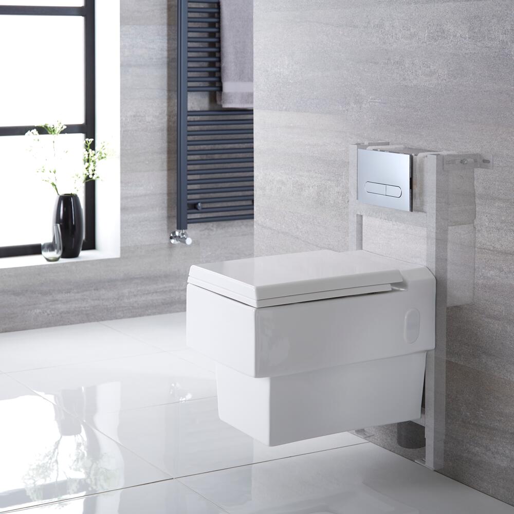 Inodoro Cuadrado Suspendido 410x340x440mm con Tapa Soft Close, Estructura Empotrable, Cisterna y Placa de Descarga - Haldon