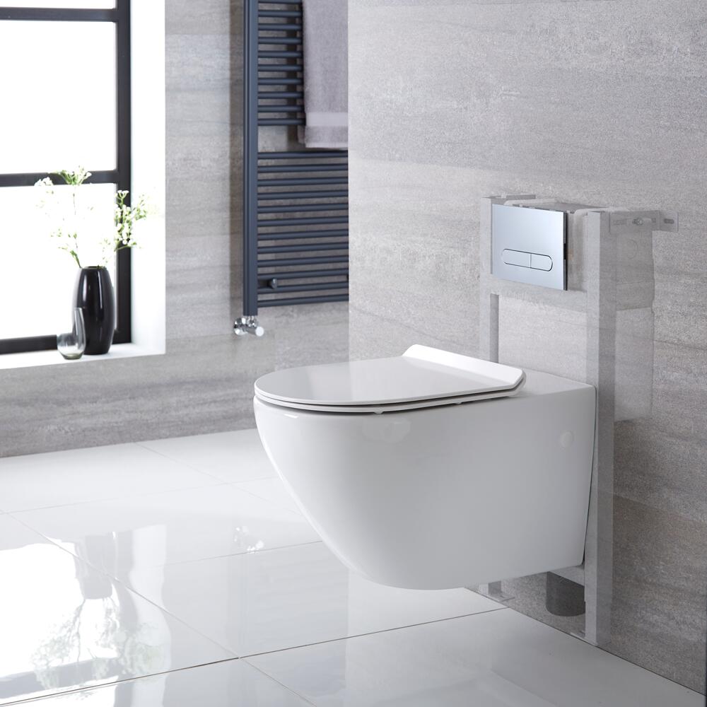 Inodoro Oval Suspendido 340x360x585mm con Tapa Soft Close, Estructura Empotrable, Cisterna y Placa de Descarga - Otterton