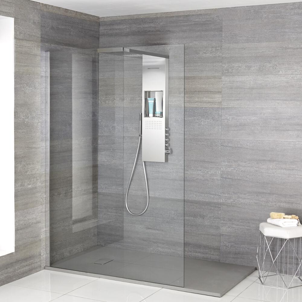 Conjunto de Ducha Walk-In con Mampara de Obra, Panel de Ducha Termostático y Plato de Ducha Gris Claro Efecto Piedra Disponible en Distintas Medidas - Iko