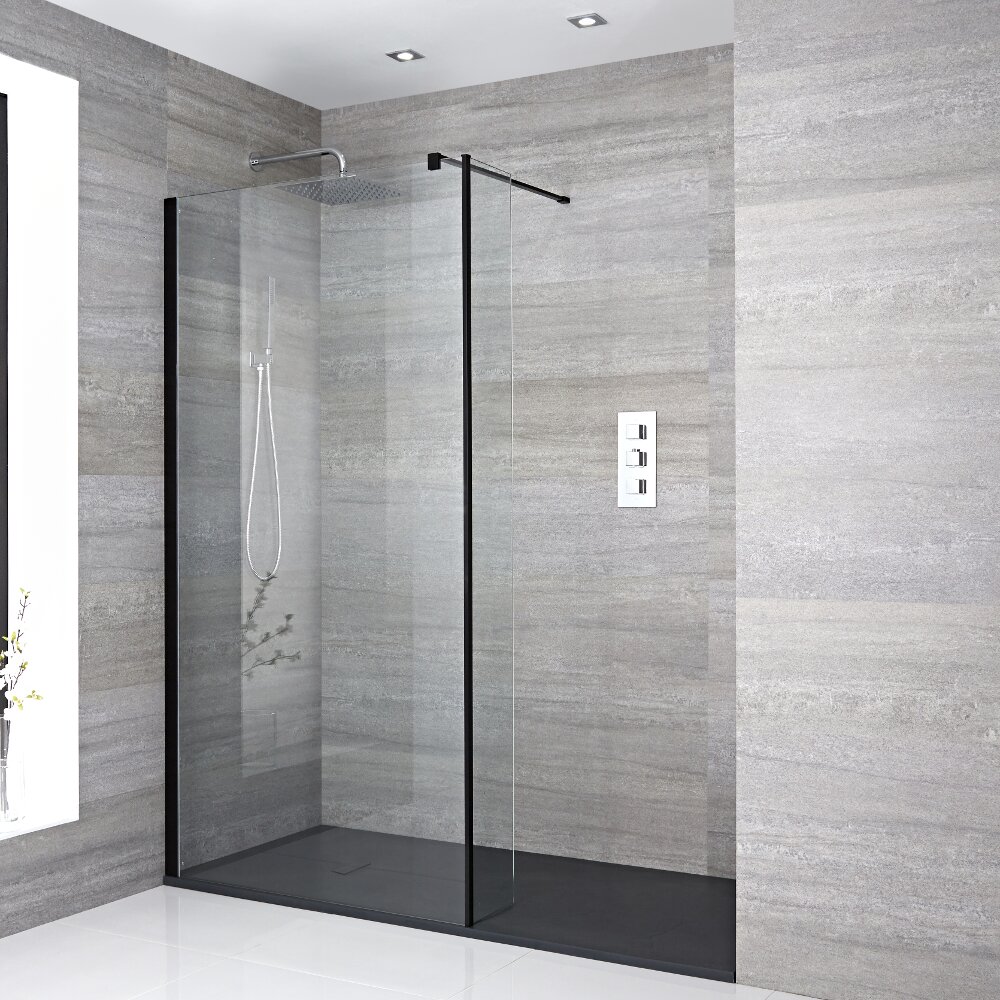 Mampara para Ducha de Obra de 1700x900mm con Pared de Ducha, Perfilería Negra y Plato de Ducha de Color Antracita