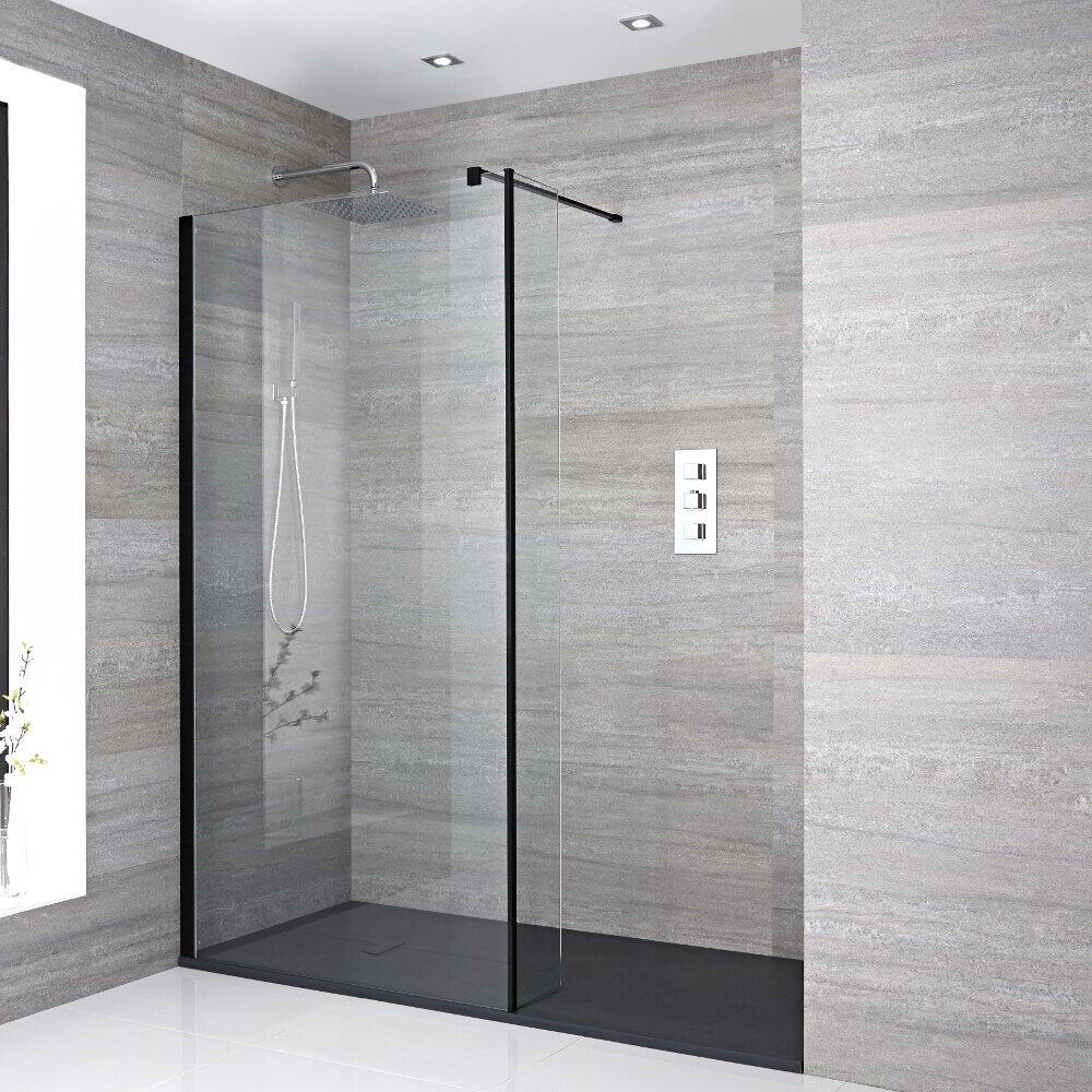 Mampara para Ducha de Obra Nox con Perfilería Negra, Pared de Ducha de 250mm y Plato de Ducha de Color Grafito - Disponible en Distintas Medidas