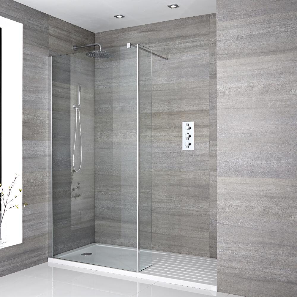 Mampara para Ducha de Obra de 1700x800mm con Pared de Ducha y Plato de Ducha Blanco